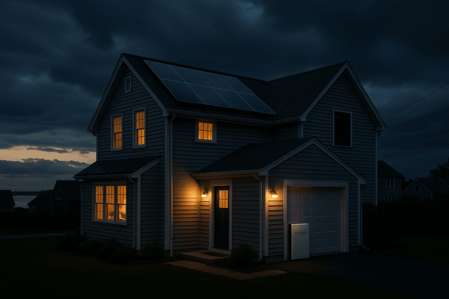 Rhode Island home with solar panels and battery lit up during neighborhood power outage