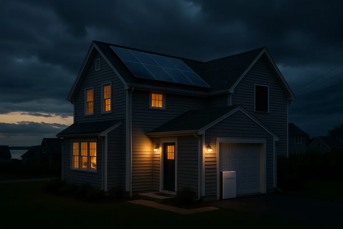 Rhode Island home with solar panels and battery lit up during neighborhood power outage