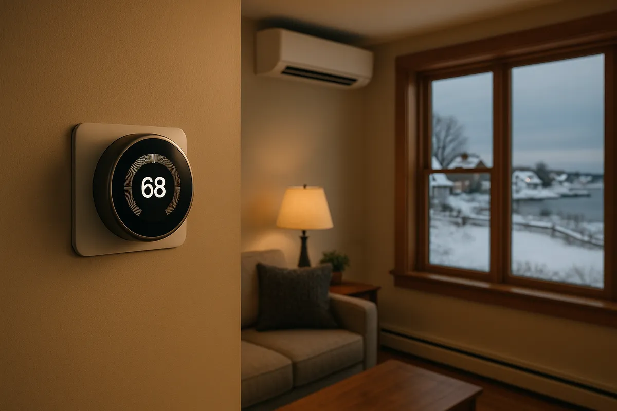 Smart thermostat set to 68 degrees in a cozy Rhode Island home with heat pump