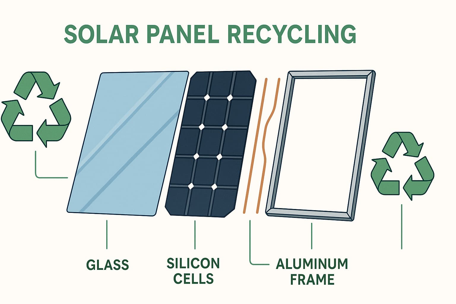 Solar panel materials being recycled — glass, silicon, aluminum recovery