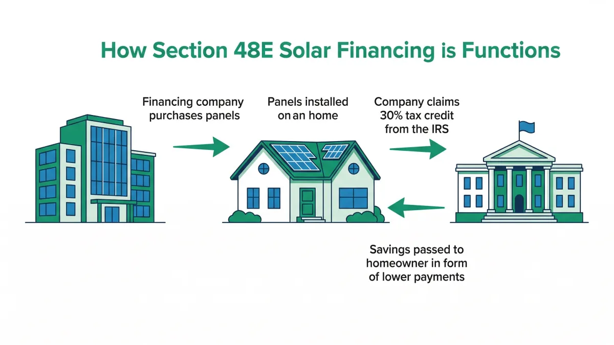 Diagram showing how Section 48E solar financing flows from TPO to homeowner