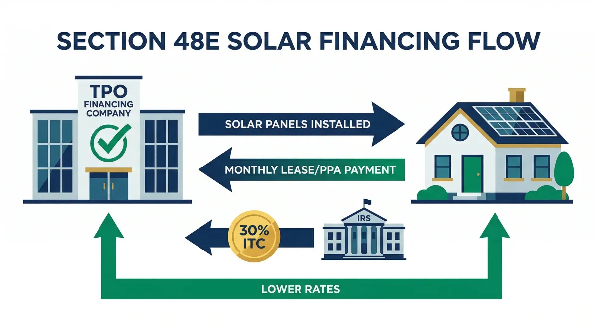 Diagram showing Section 48E money flow: TPO financing company claims 30% ITC and passes savings to homeowner through lower lease or PPA rates