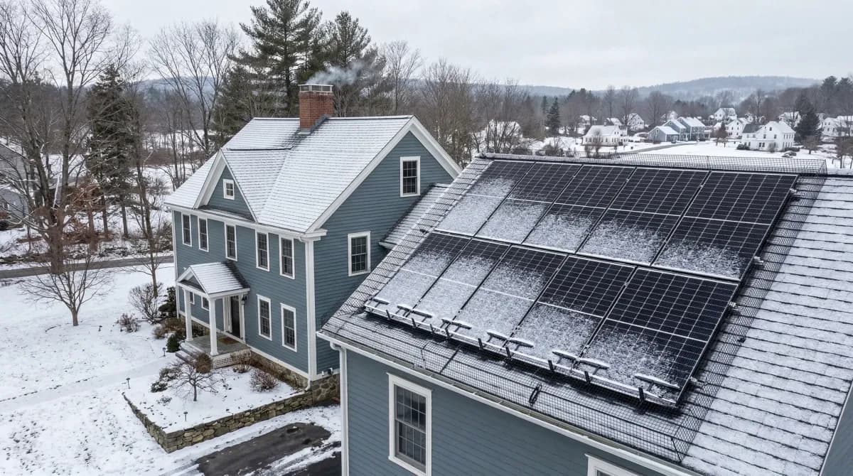 Solar panels with snow guards and critter mesh on a New England roof in winter