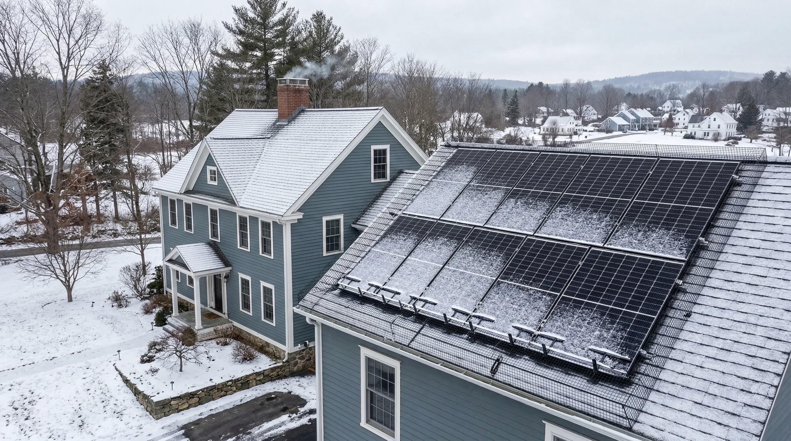 Solar panels with snow guards and critter mesh on a New England roof in winter