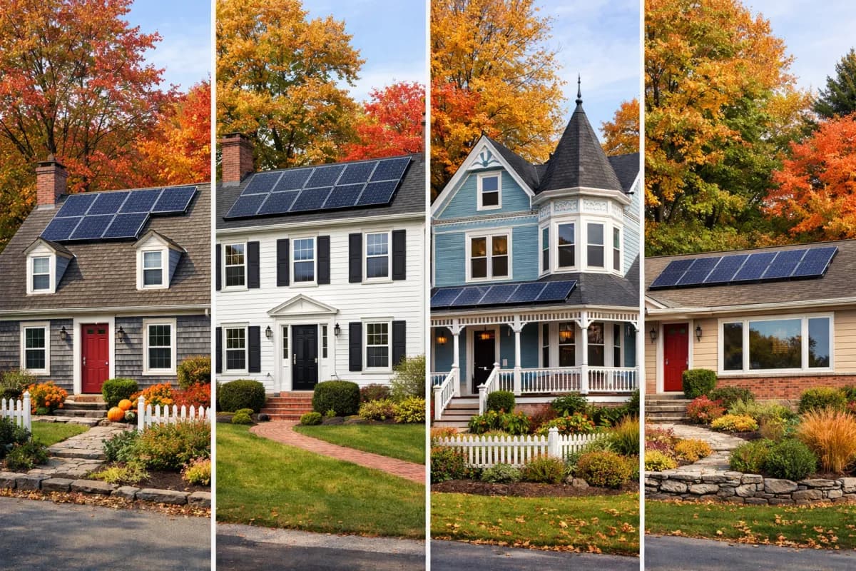 Different New England house styles with solar panels