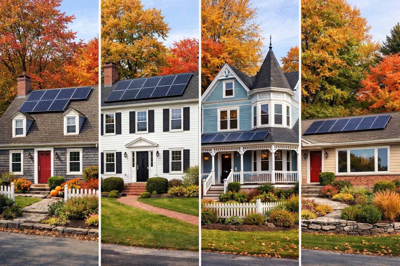 Different New England house styles with solar panels