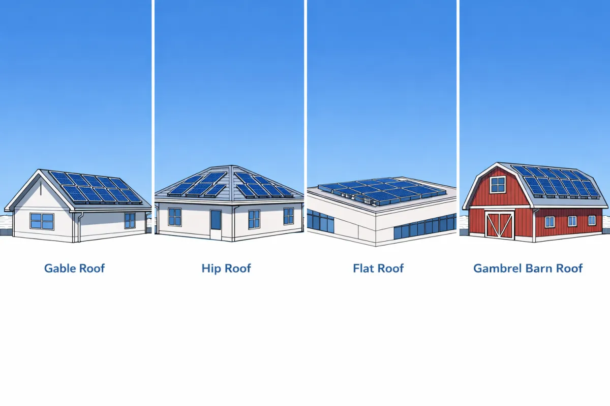 Various roof types with solar panel installations
