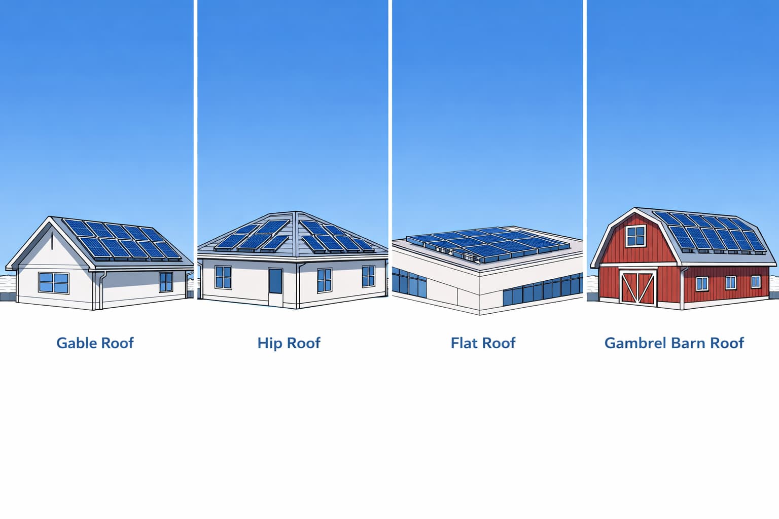 Various roof types with solar panel installations