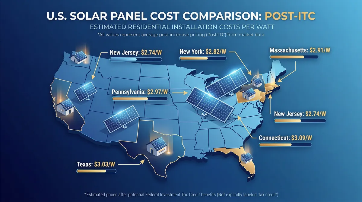 Solar panel cost comparison map across 9 states in 2026