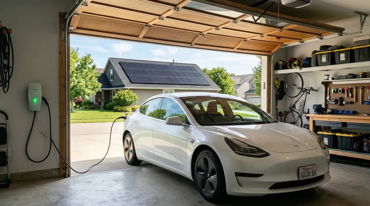 EV plugged into charger in garage with solar panels visible on roof
