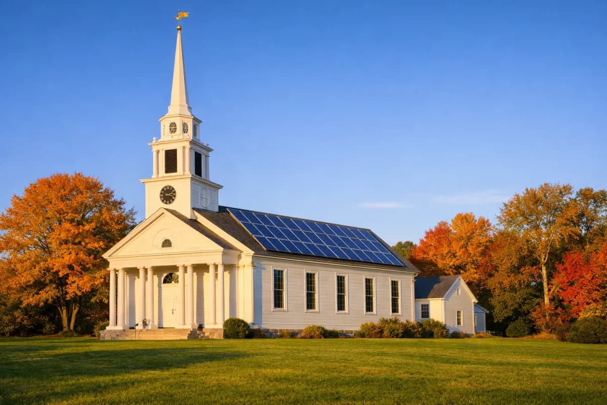 New England church with solar panels on roof