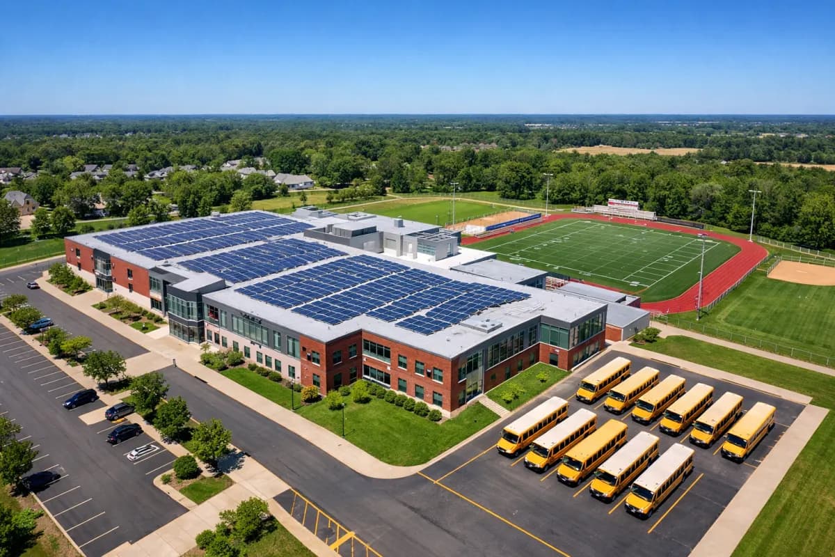 School building with solar panel array on roof