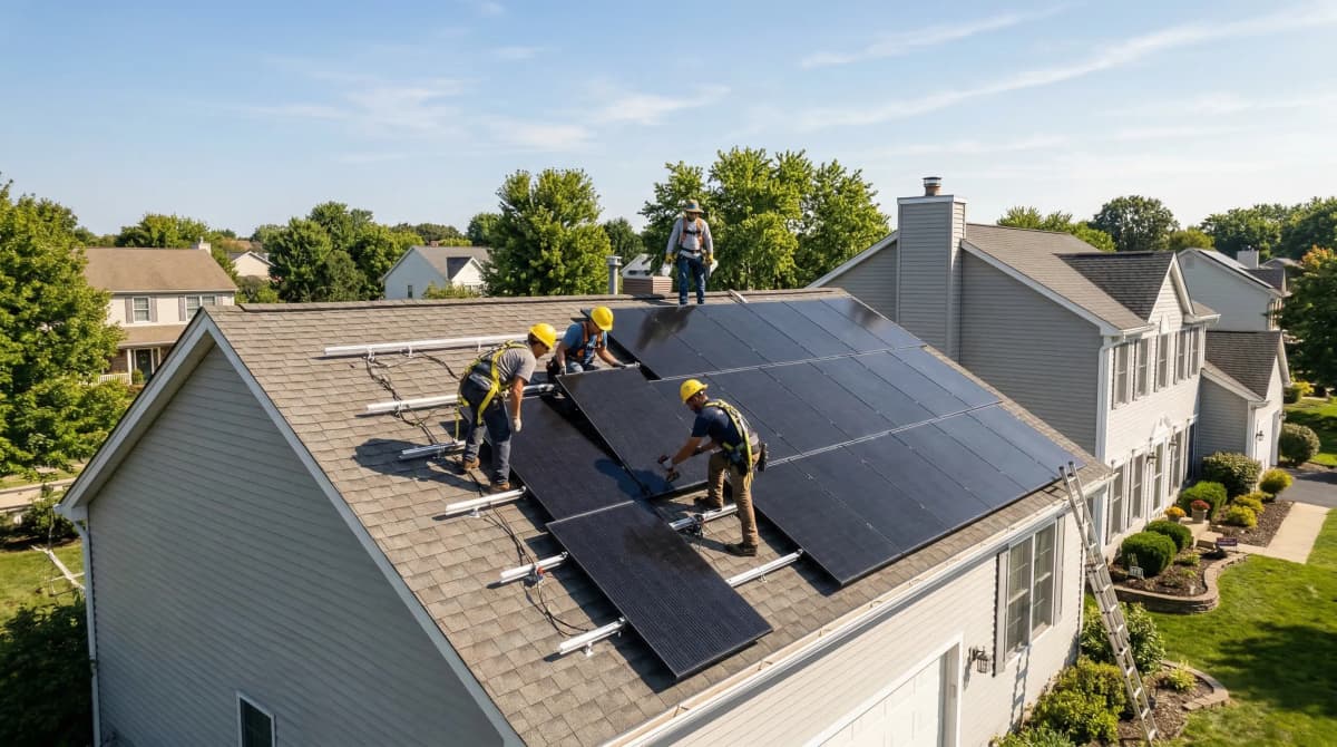 Solar panel installation crew mounting panels on a residential roof