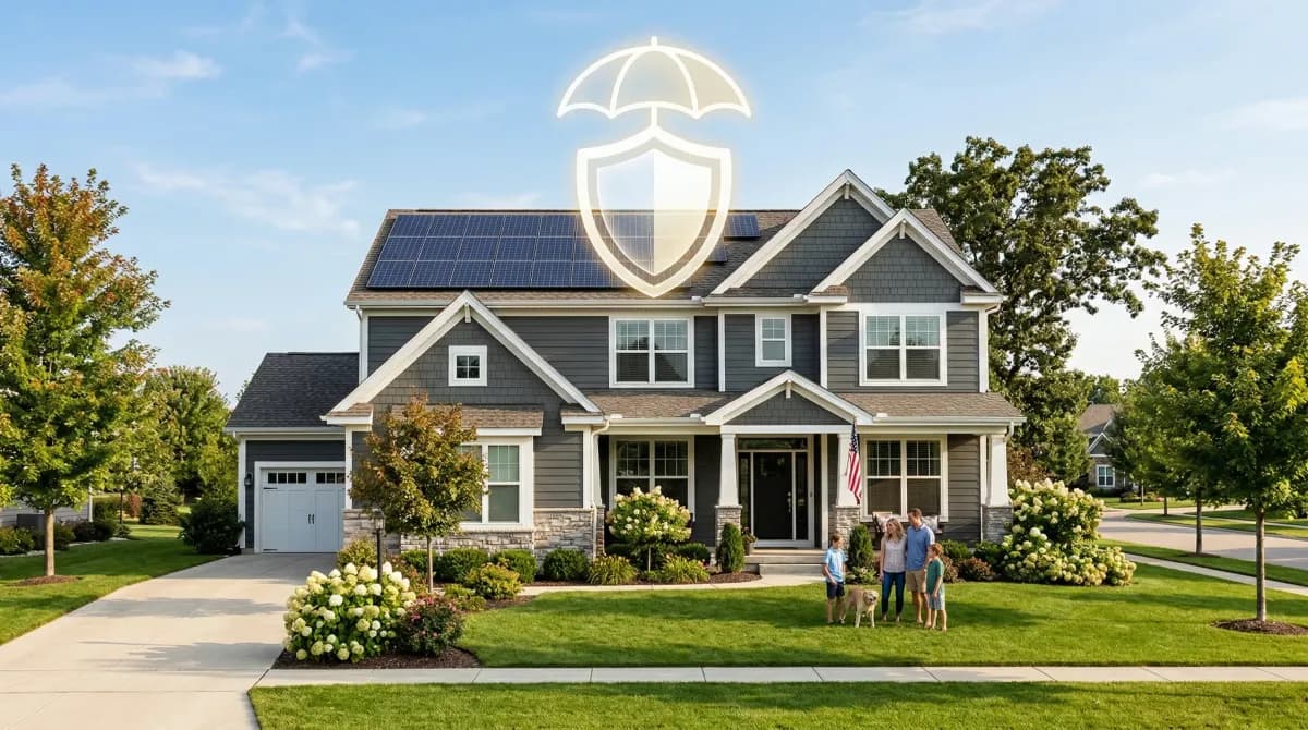Modern home with solar panels and insurance shield concept
