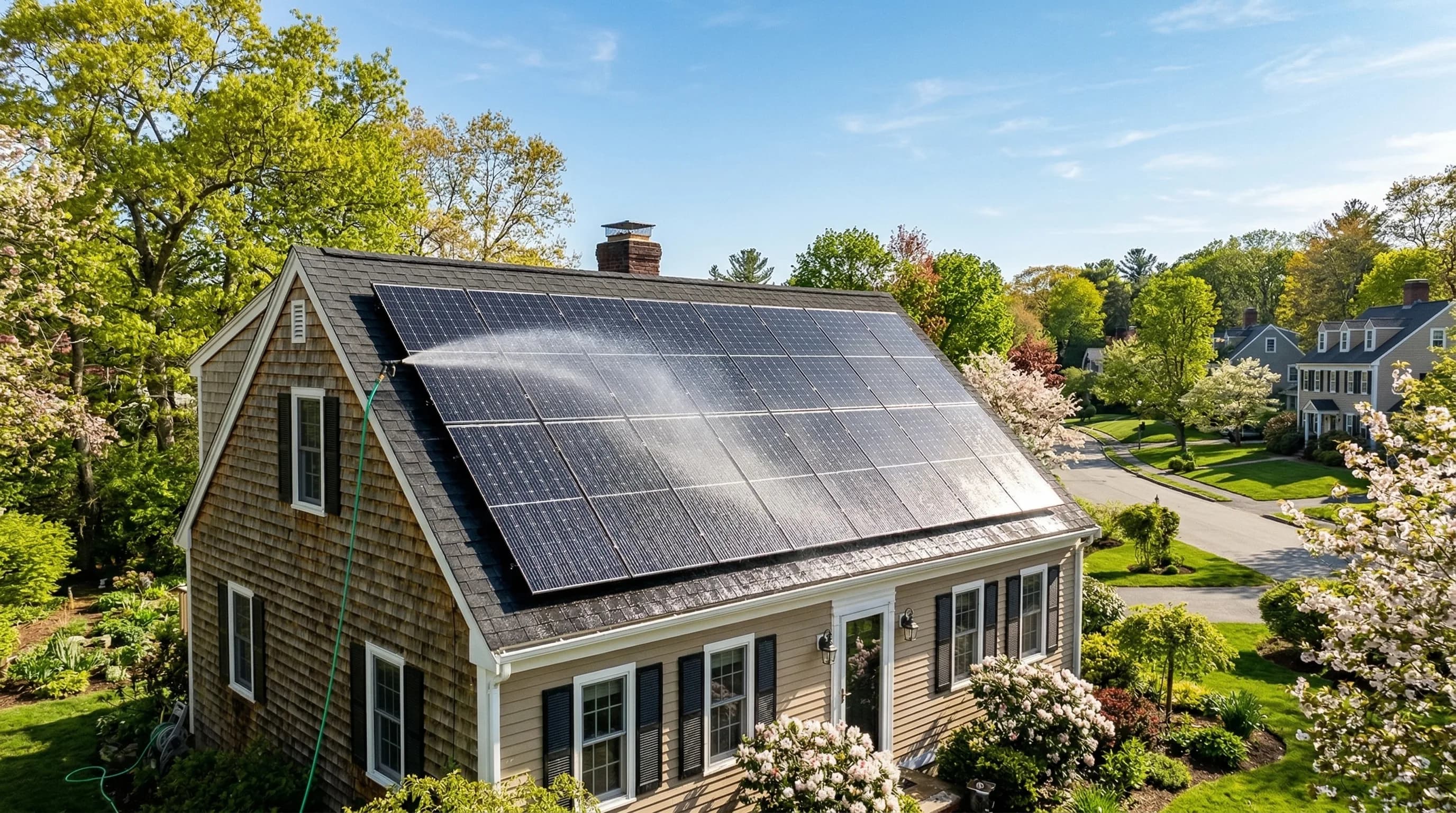 Clean residential solar panels on a suburban home roof