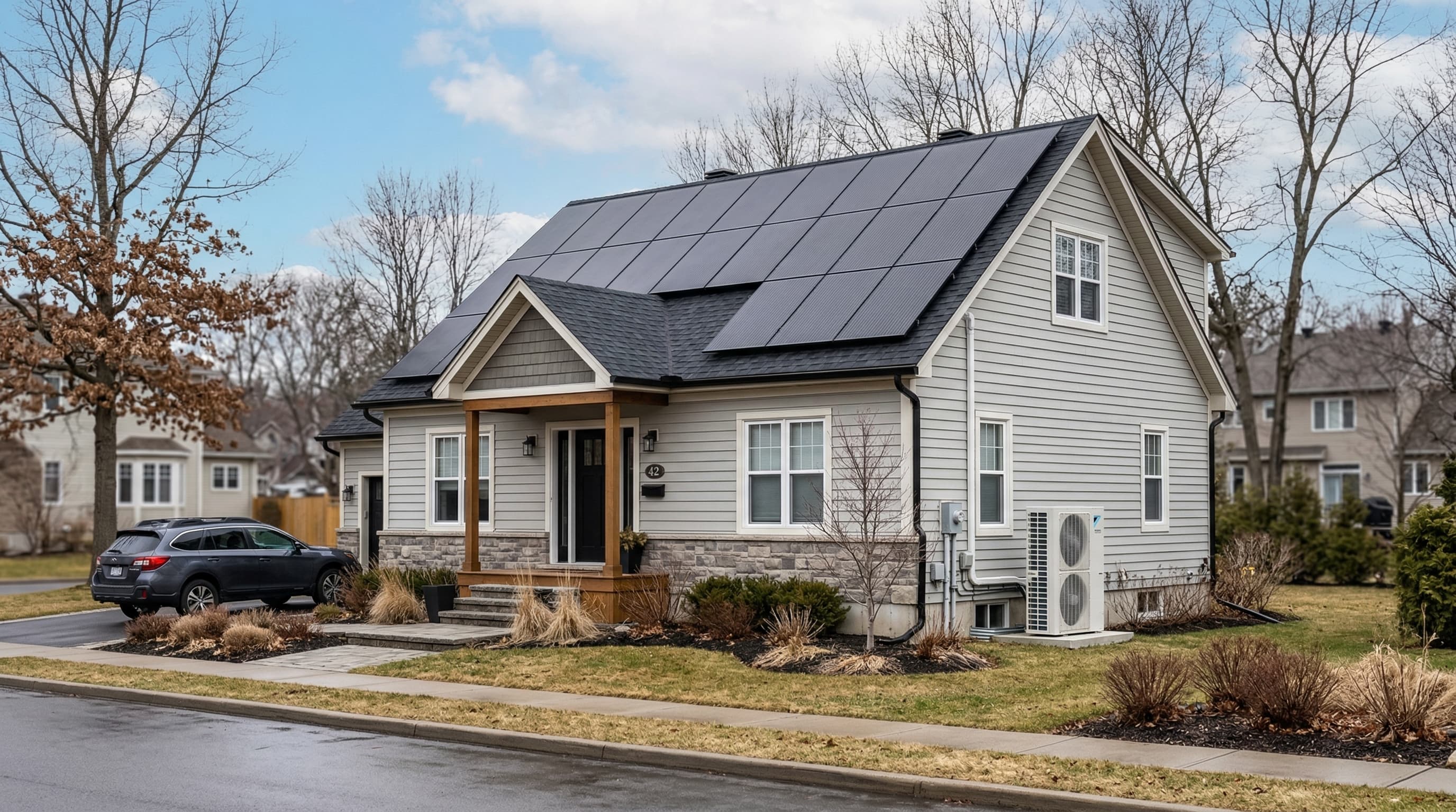 Home with solar panels and heat pump