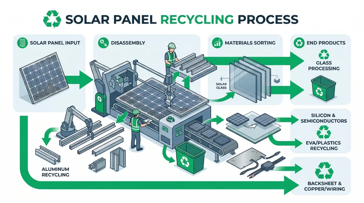 Solar panel recycling process with glass, silicon, and aluminum components