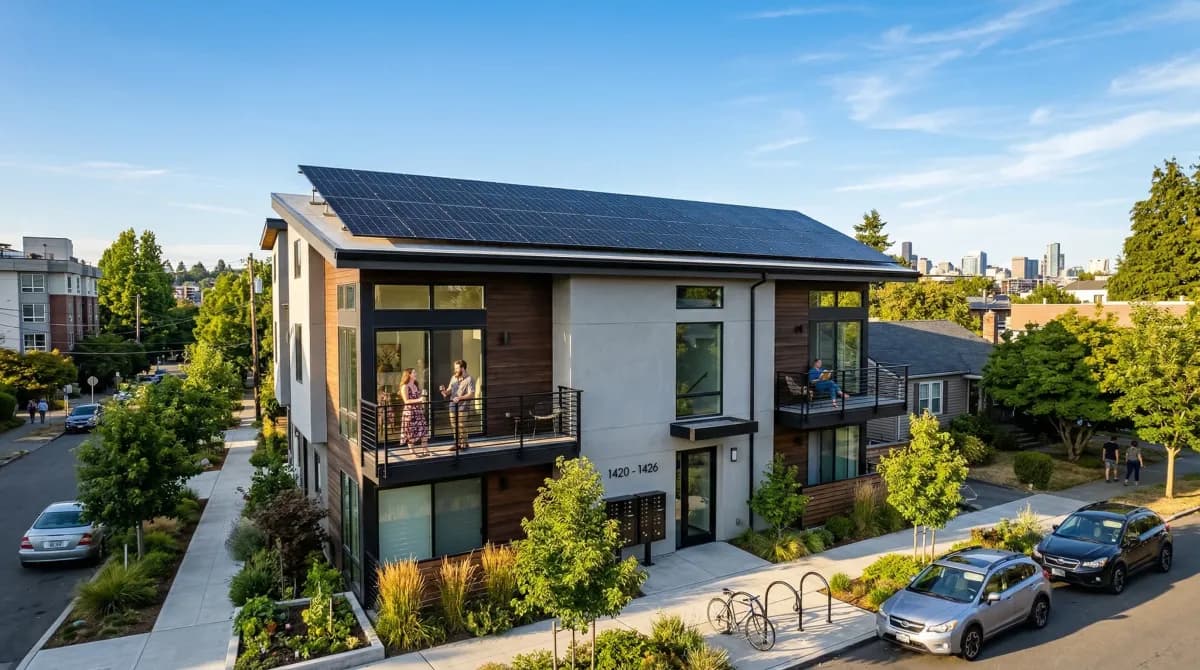 Multi-unit rental property with solar panels on the roof