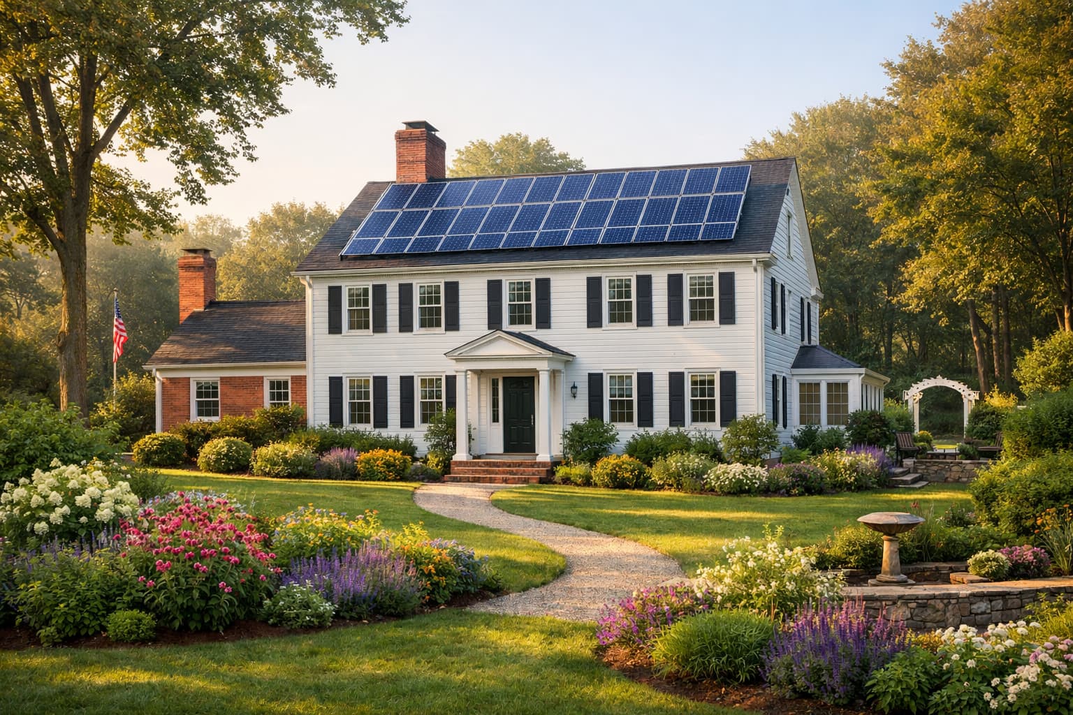 Colonial home with solar panels, retirement planning