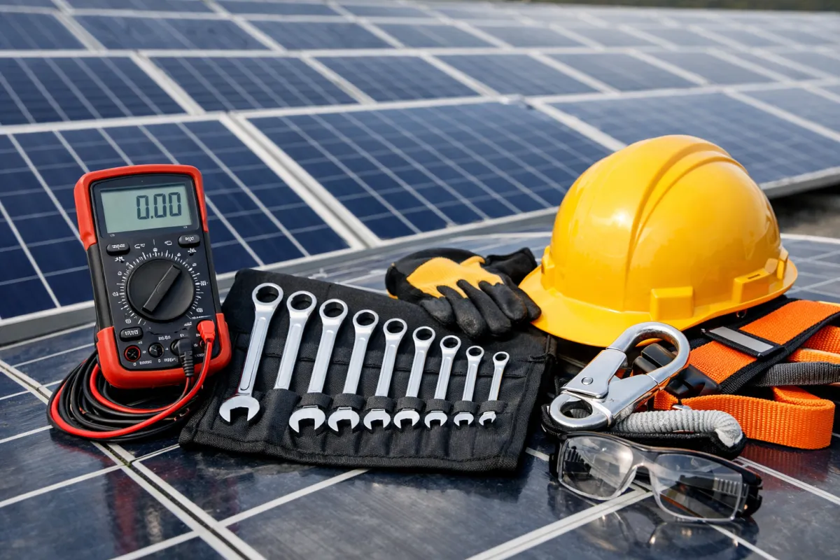 Solar panel maintenance tools on rooftop