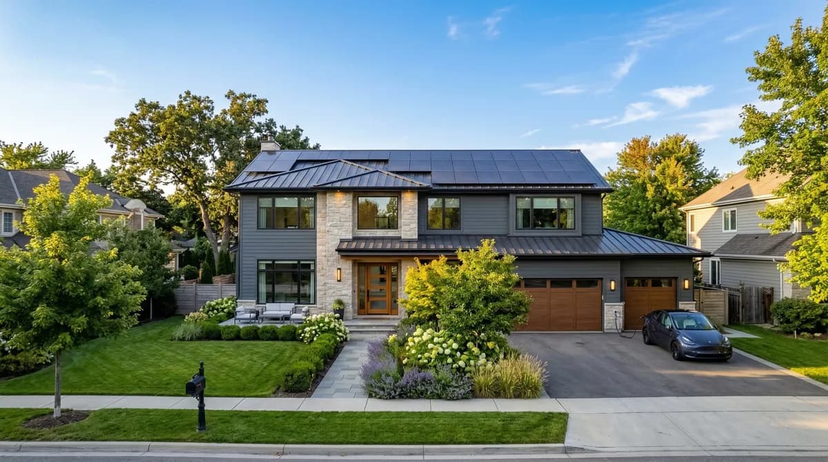 Modern home with solar panels on roof