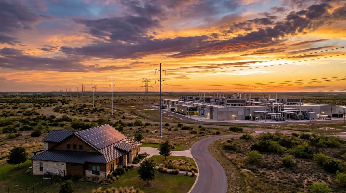 Texas solar panels with data center facility in background — visual representation of the energy competition between homeowners and AI data centers