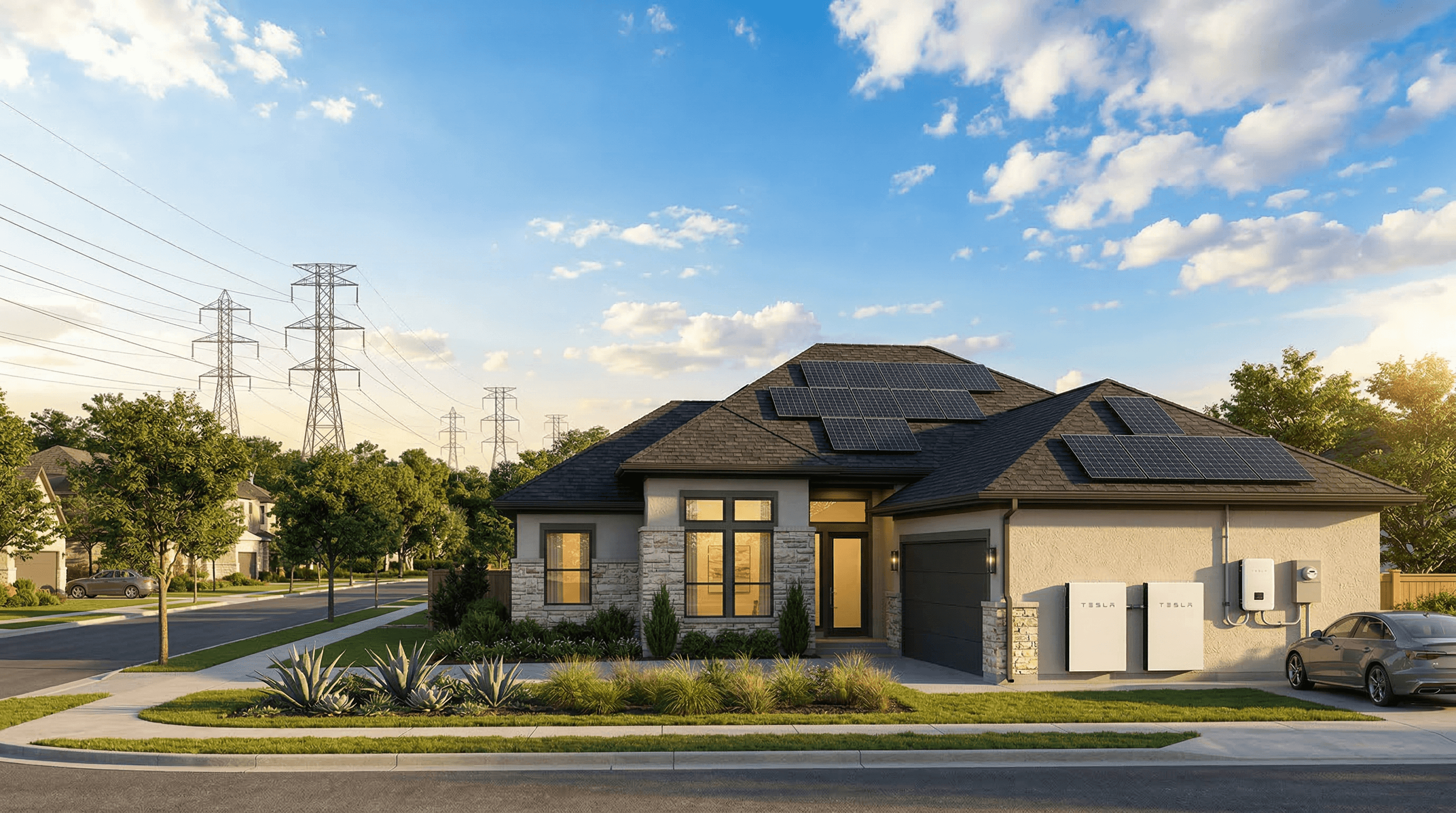 Texas residential solar installation with home battery system under bright Texas sky, ERCOT grid infrastructure visible