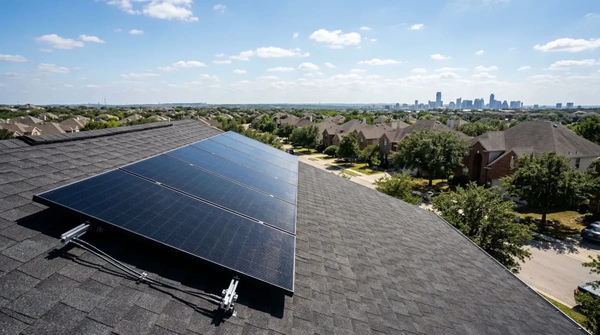 Five premium solar panels arranged for comparison on a Texas rooftop under bright sun with blue sky