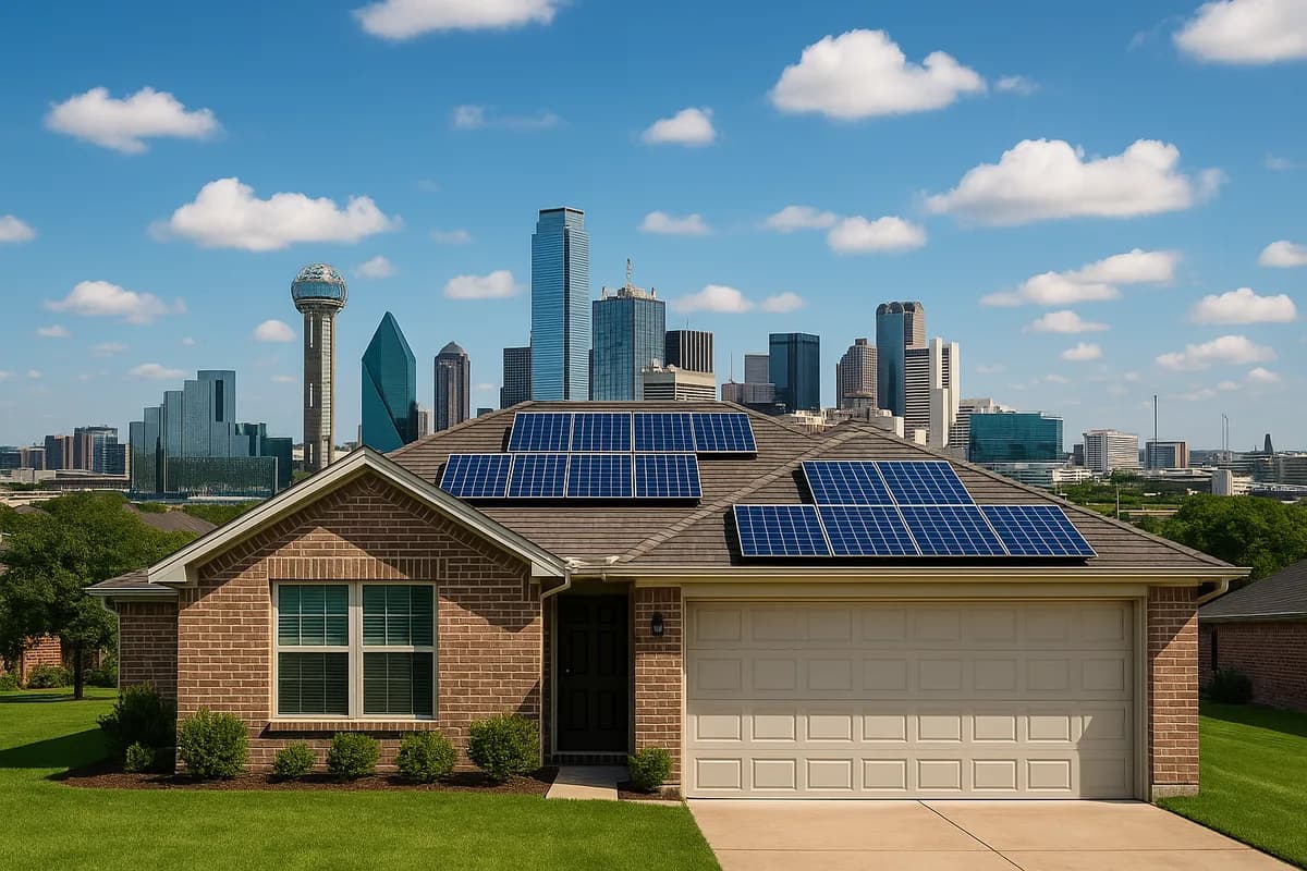 Dallas-Fort Worth suburban home with solar panels under blue Texas sky