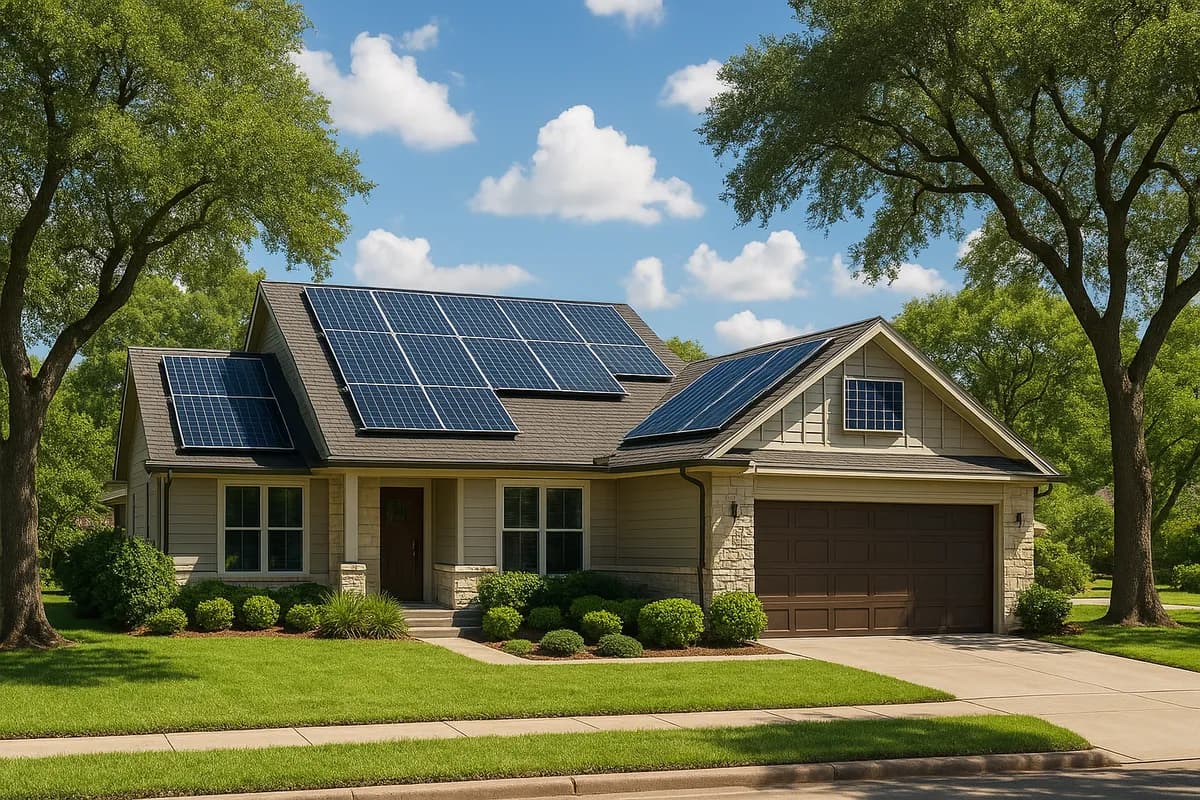 Houston suburban home with solar panels surrounded by lush green Texas landscape