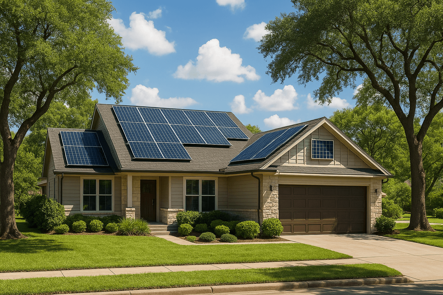 Houston suburban home with solar panels surrounded by lush green Texas landscape