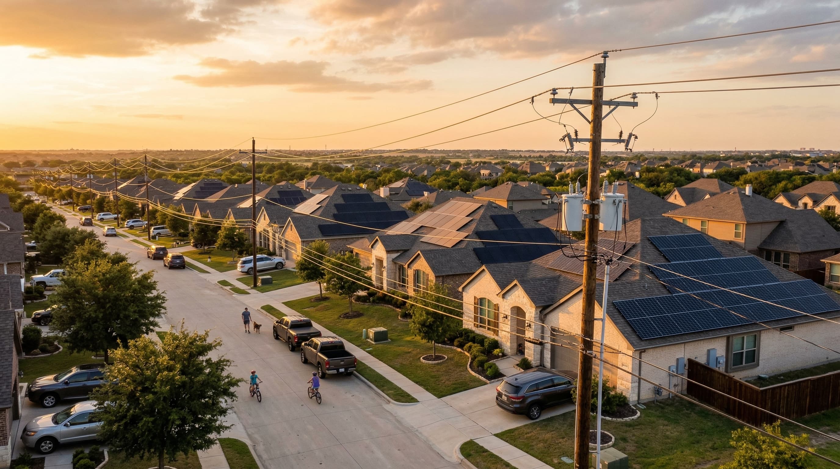 Texas suburban neighborhood with solar panels and power grid