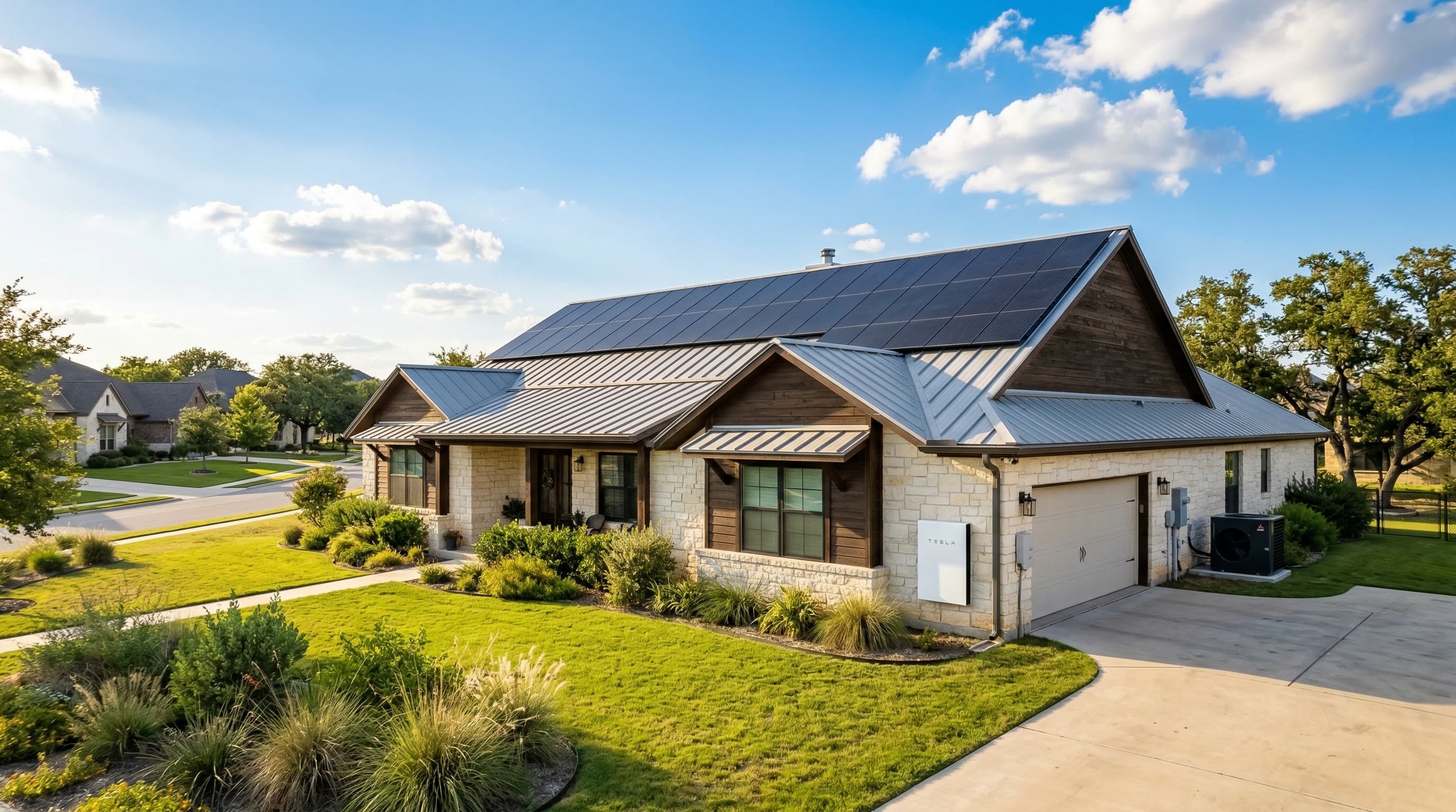 Texas home with solar panels, heat pump, and battery storage