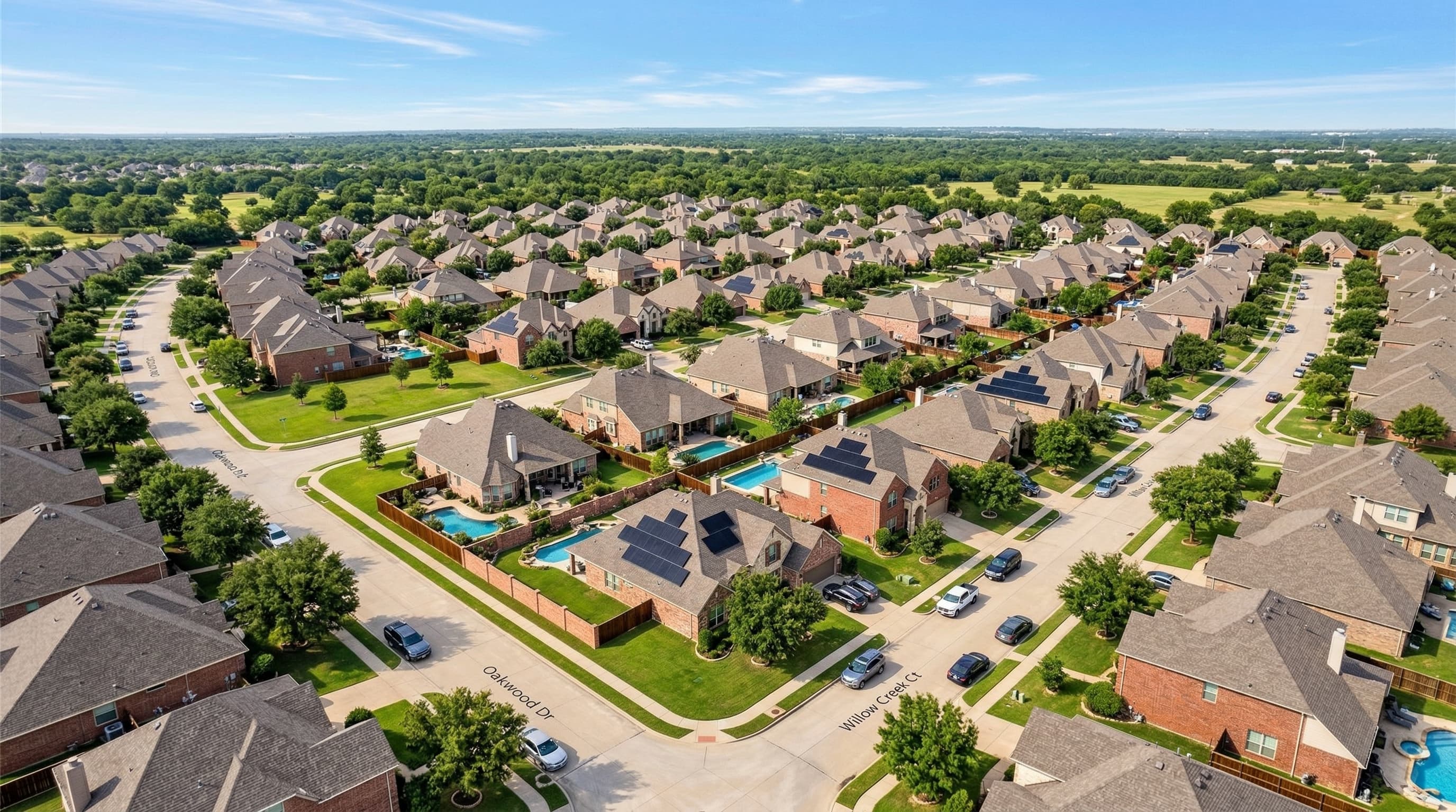 Texas HOA neighborhood with solar panels on rooftops