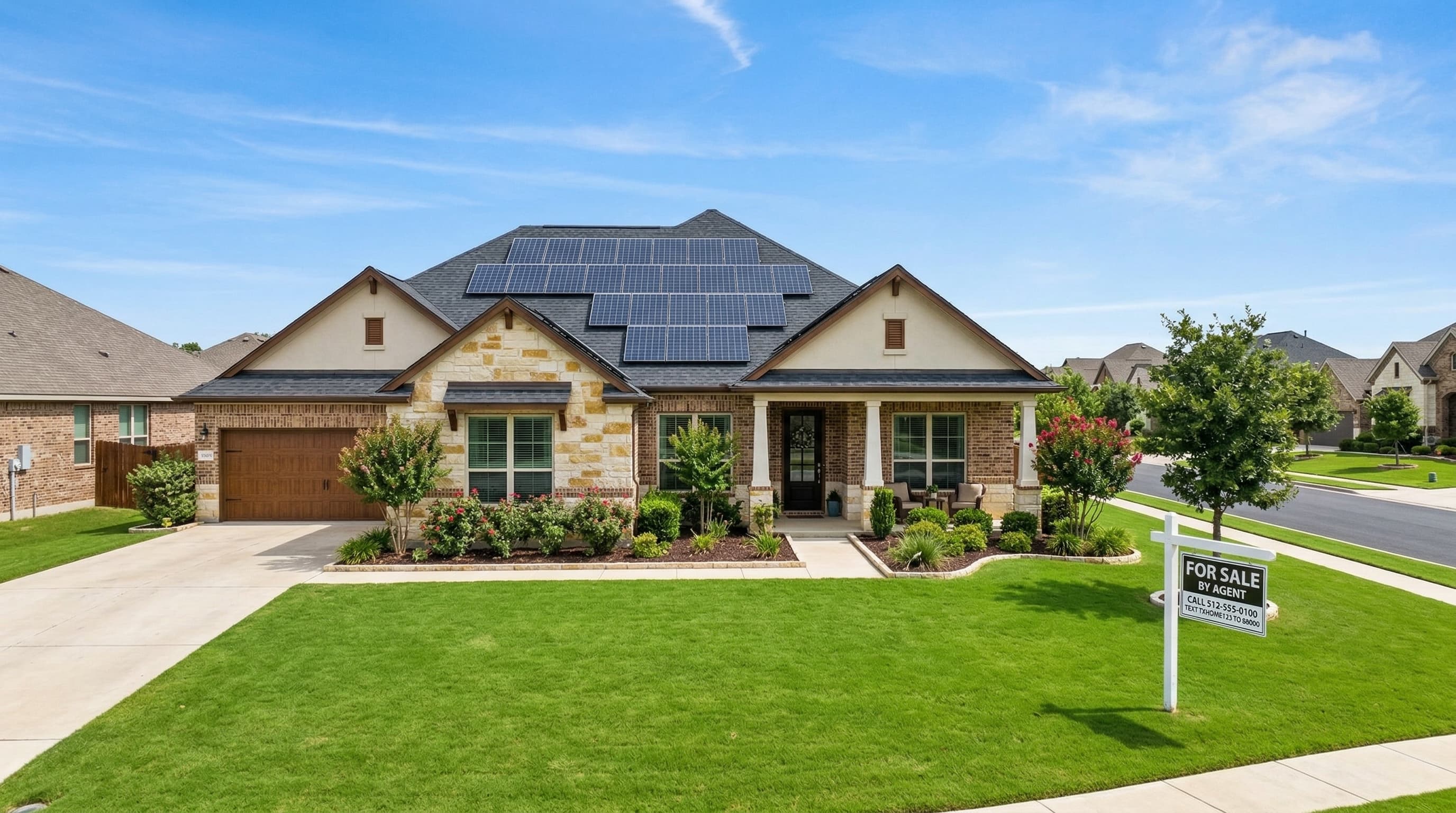 Texas home with solar panels and for sale sign