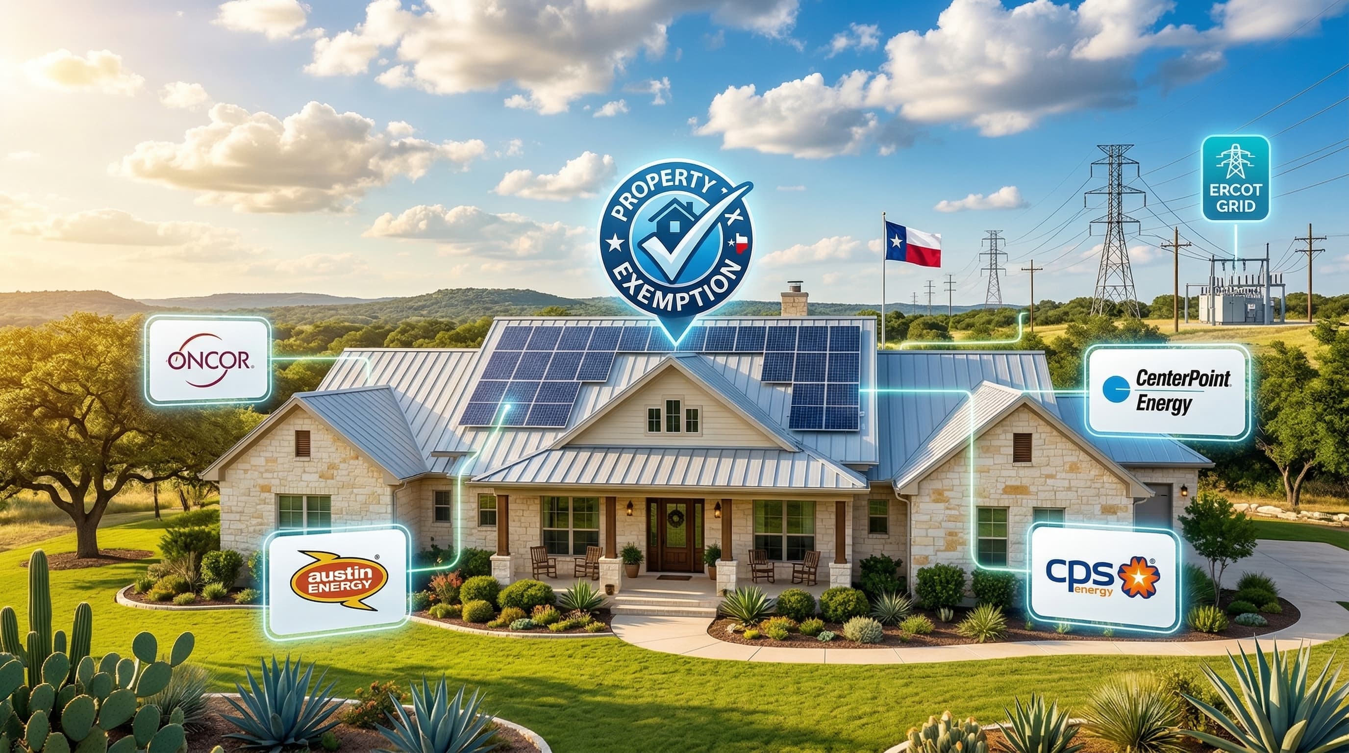 Texas solar incentive stack with ranch home, utility territory map, and property tax exemption