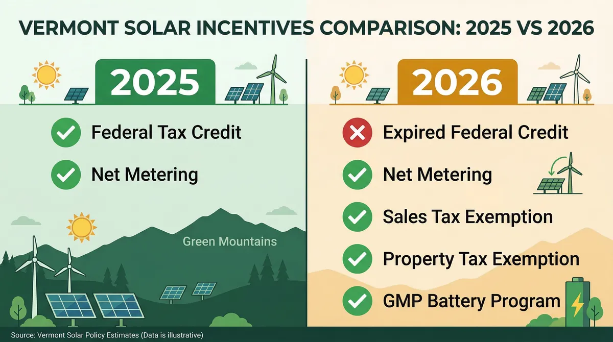 2025 vs 2026 Vermont solar incentives comparison — federal ITC expired but net metering and tax exemptions remain