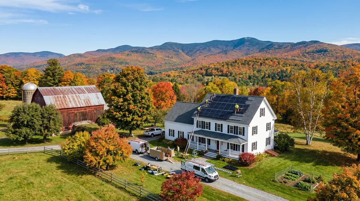 Solar installation crew working on a Vermont home
