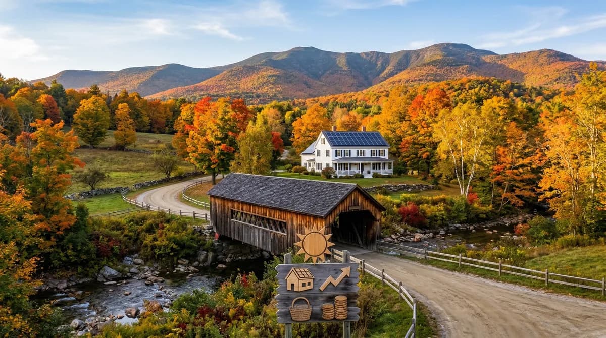 Vermont home with solar panels and fall foliage