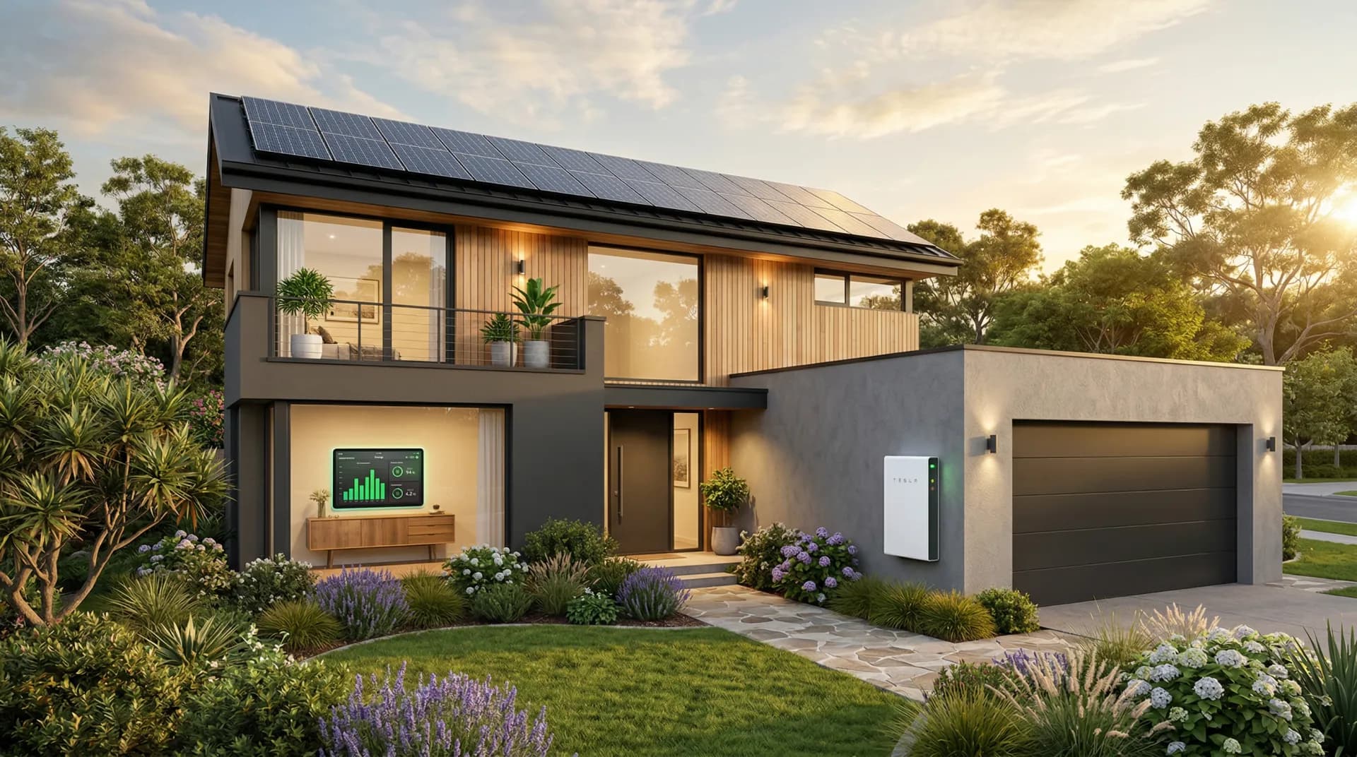 Residential solar panels and battery storage system on a modern home