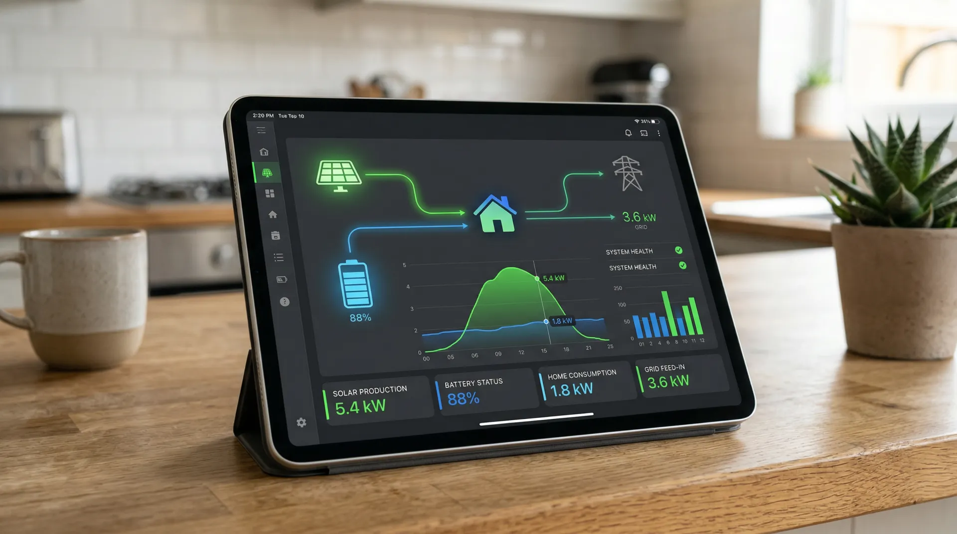 Solar monitoring dashboard showing production, consumption, and battery status
