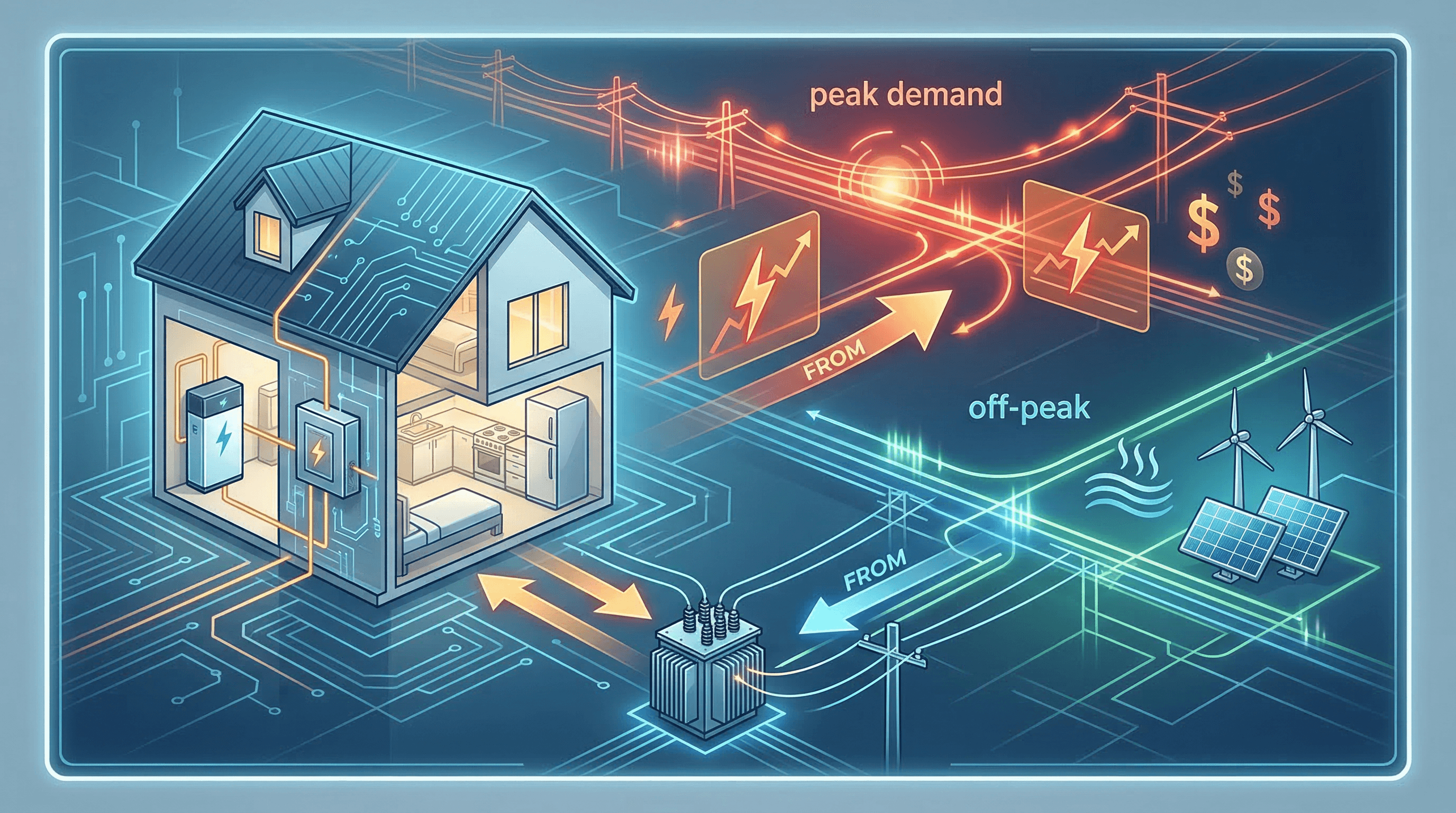 Home battery connected to grid showing demand response revenue flow