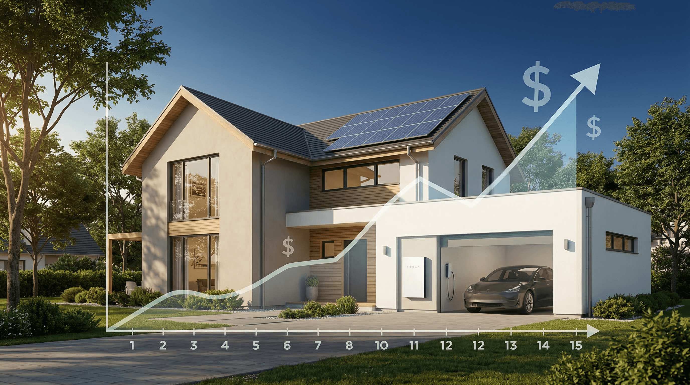 Home with solar panels and battery storage system