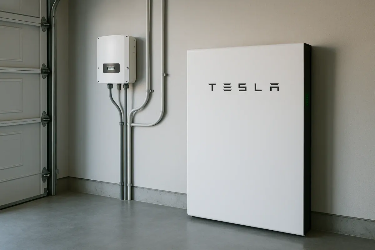 Home battery system on garage wall