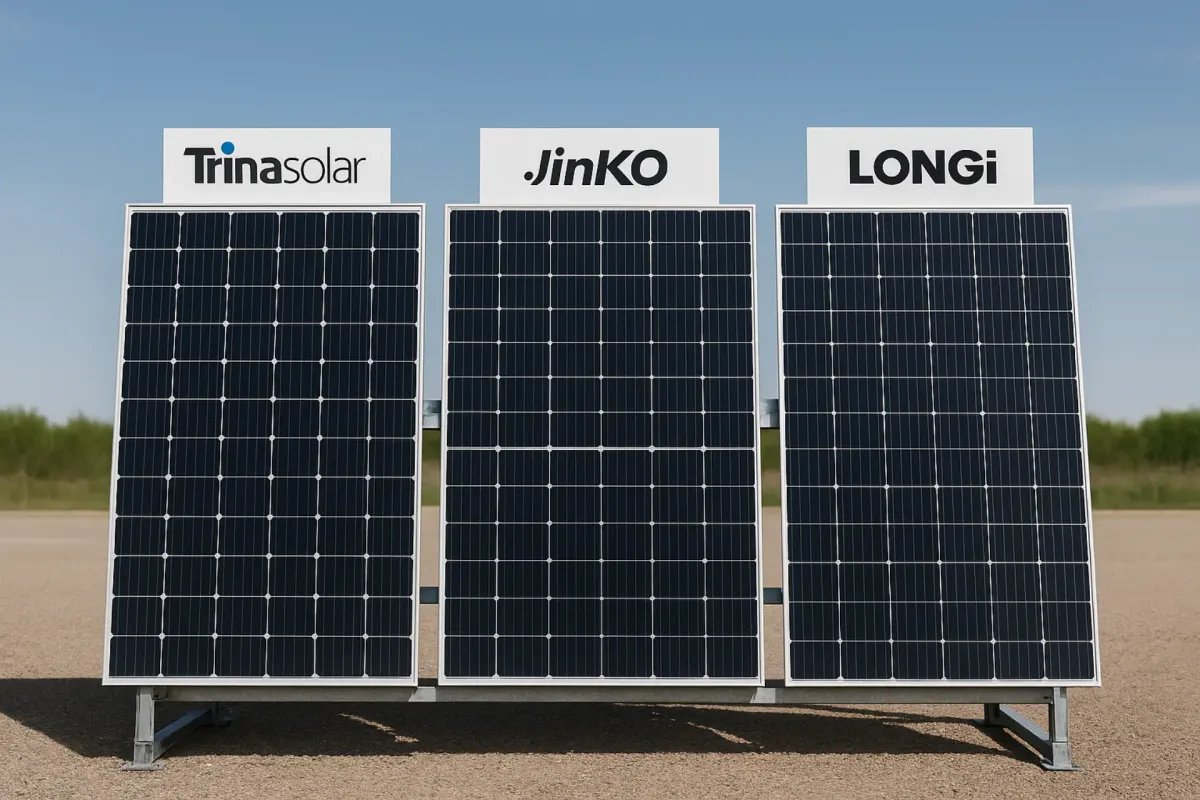 Side-by-side comparison of different solar panel brands on a testing rack