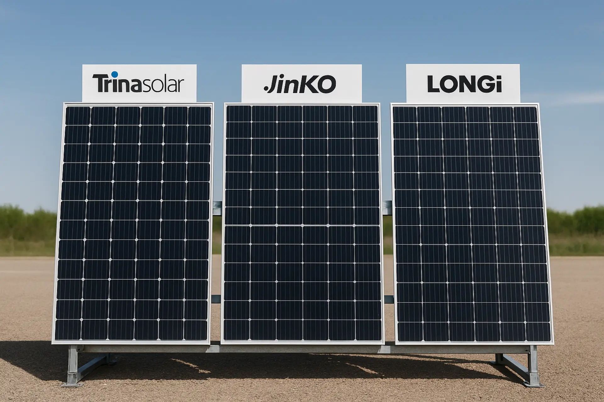 Side-by-side comparison of different solar panel brands on a testing rack