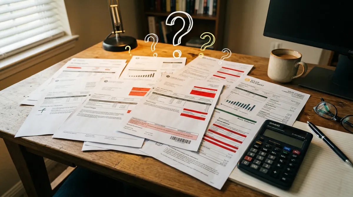 Community solar billing statement showing delayed credits and confusing dual billing problems