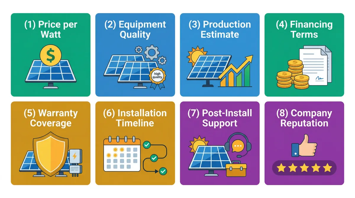 8-point solar quote comparison framework showing categories: cost per watt, equipment, production, financing, warranty, timeline, support, reputation
