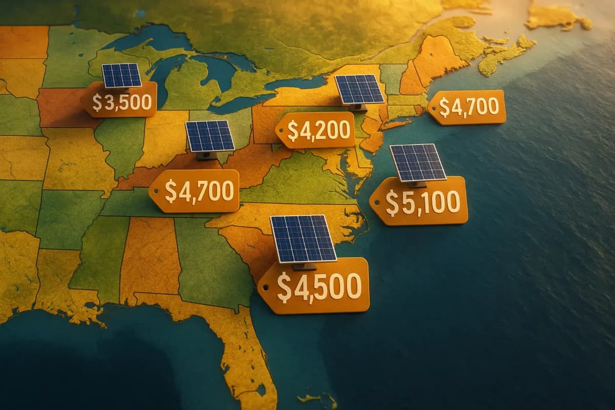 Map of the United States showing solar panel cost variations by state