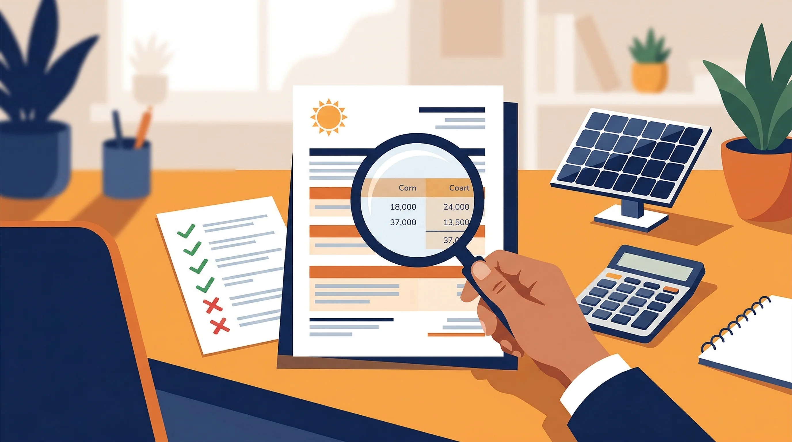 Solar quote review checklist with magnifying glass on proposal documents